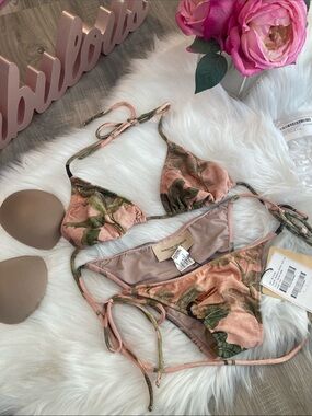 NWT!! Rare Adriana Degreas Toucan Triangle Tie-Side Bikini Set Pink/Green Medium